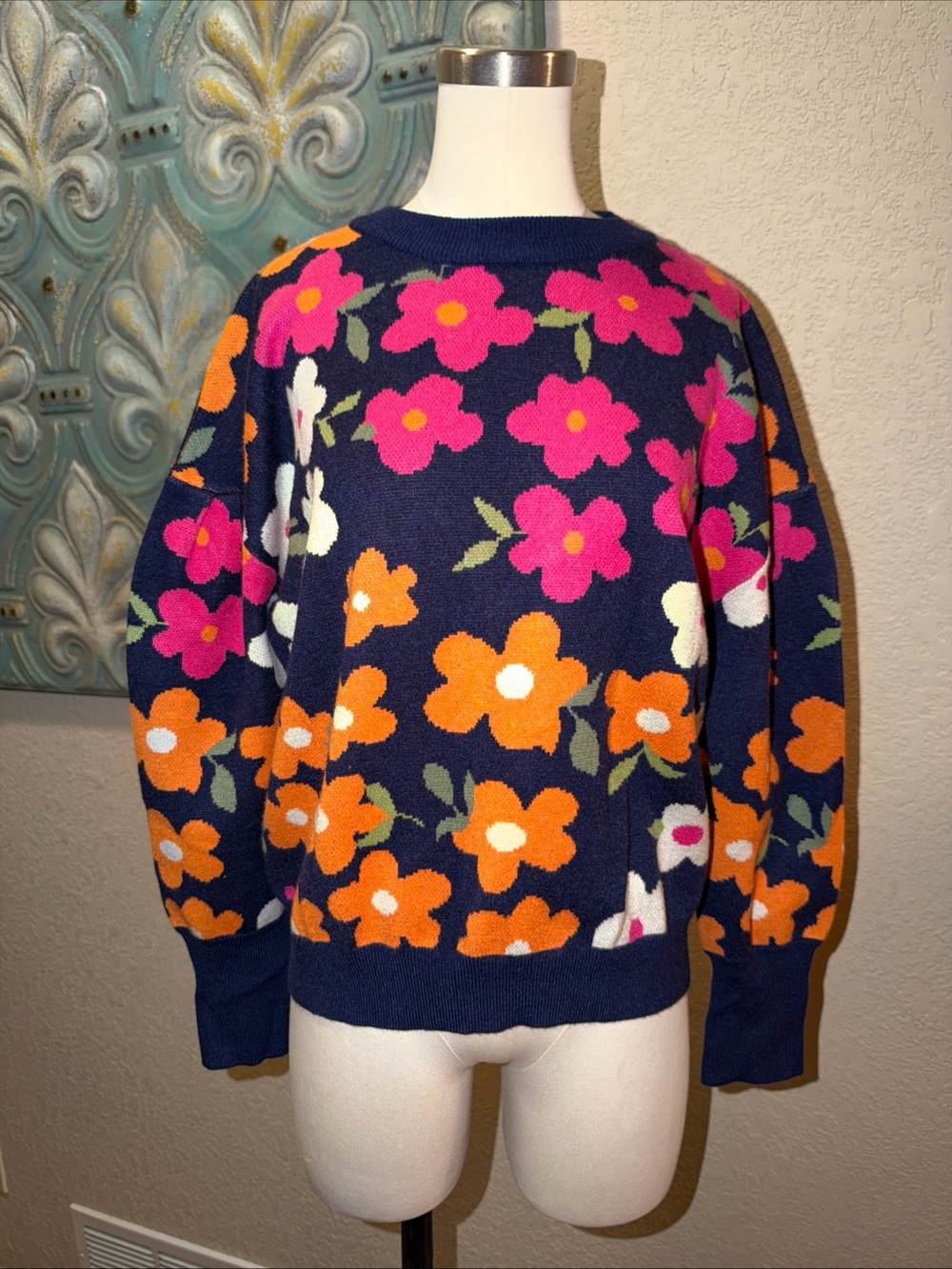 THML Floral Sweater Womens M Navy Pink Orange Flower Knit Crew Neck